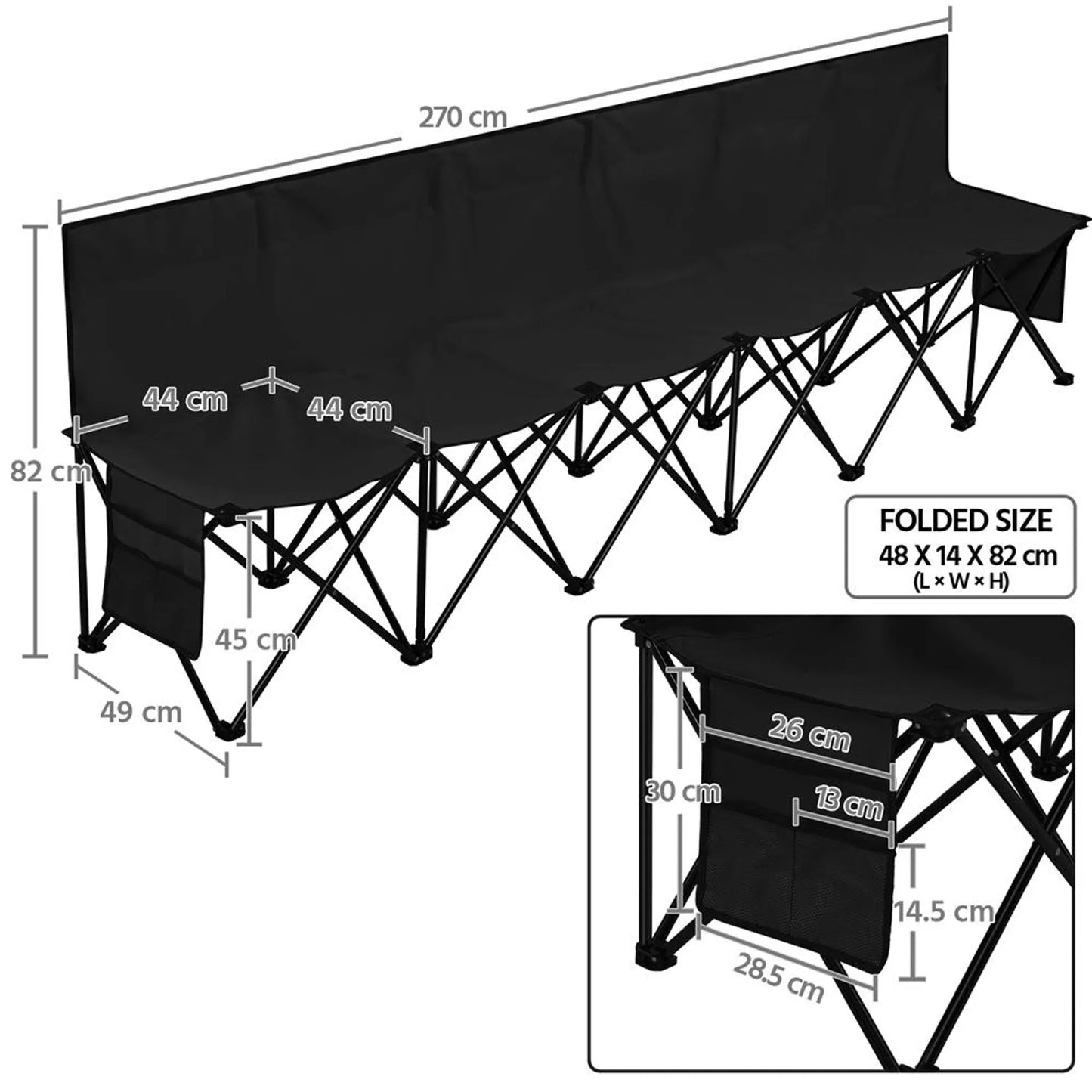 Yaheetech Camping Bank faltbar 6-Personen - 270 x 49 x 82 cm - Ausgestattet mit 600D Oxford-Gewebe und Tragetasche und Seitentaschen - Für Sportmannschaften und Veranstaltungen - Schwarz Metall