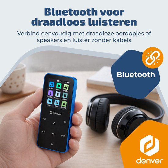 Denver MP3/MP4-Player – Bluetooth – Zufallswiedergabe/Wiederholung – SD-Karte bis zu 128 GB – inkl. Ohrhörer – Diktiergerät – MP1830BU – Blau