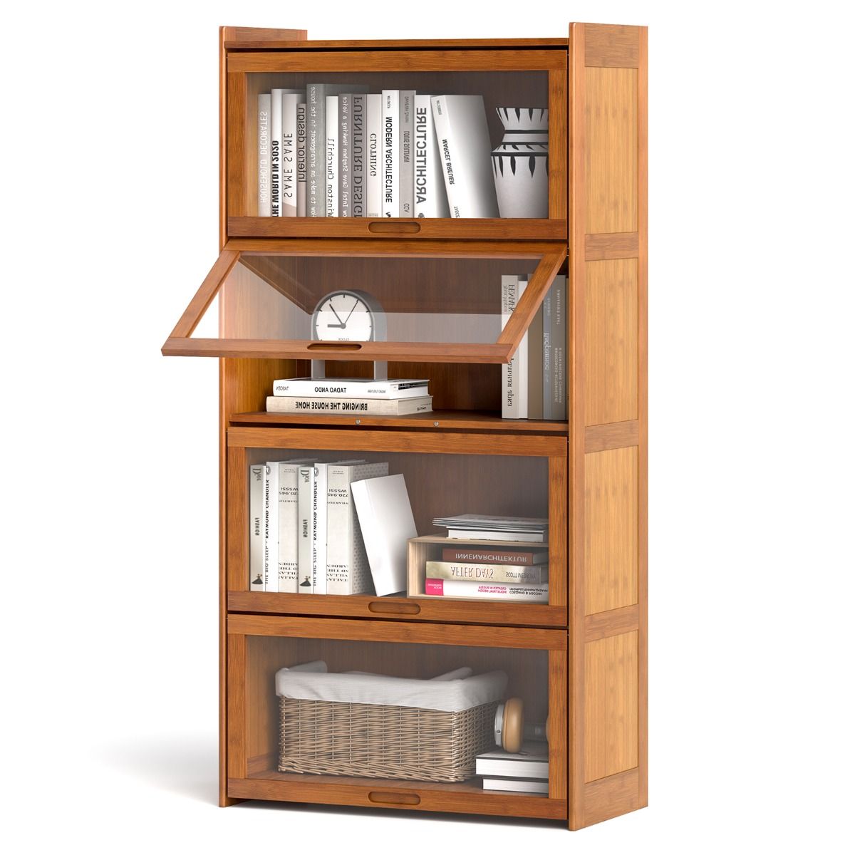 Coast Bücherregal mit 4 Fächern – Bambus – Klapptüren aus Acryl – 69 x 34 x 140 cm – Braun/Natur