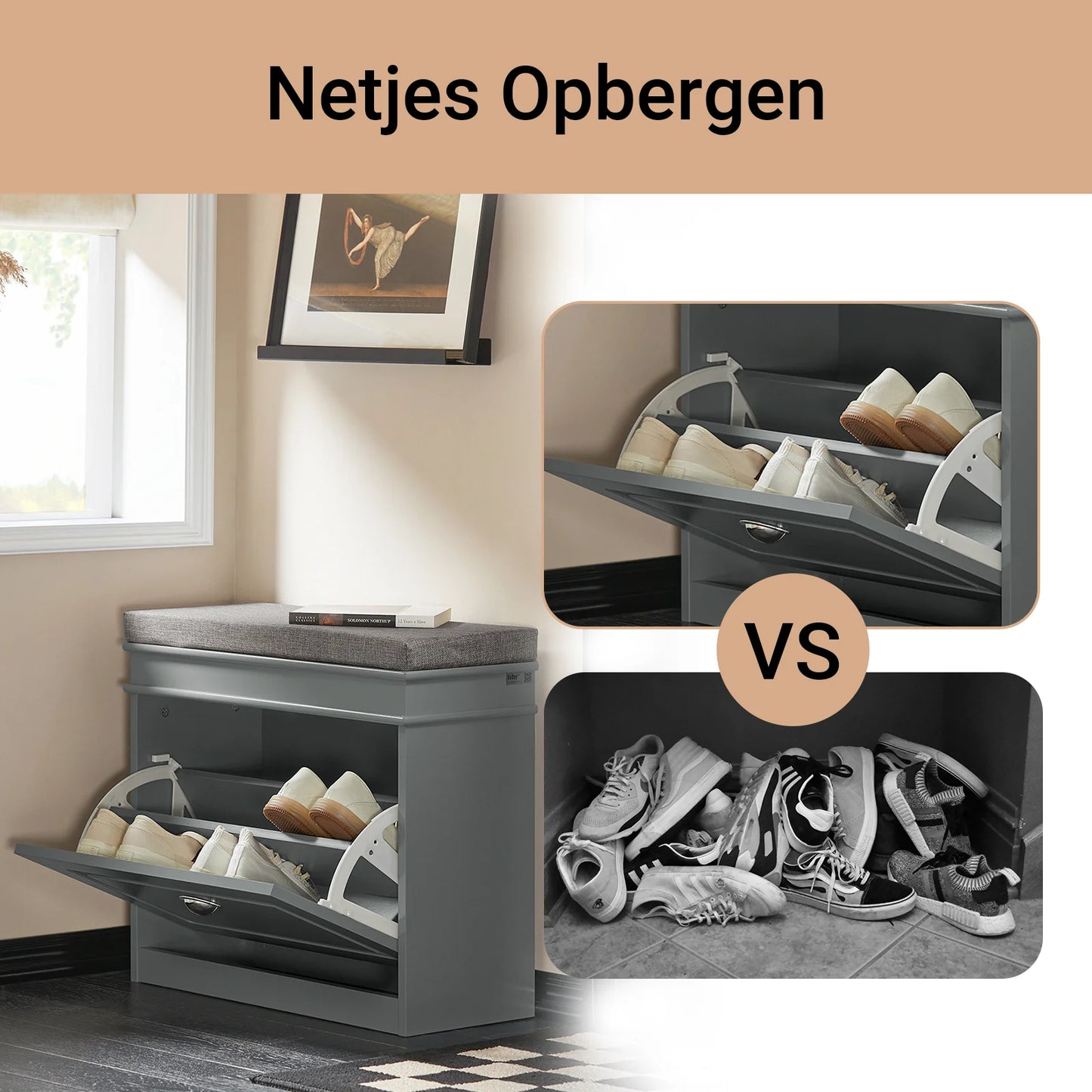 SoBuy FSR82-K-HG Graue Flurbank mit Klapptür und Sitzkissen – Schuhablage 60×24×51 cm
