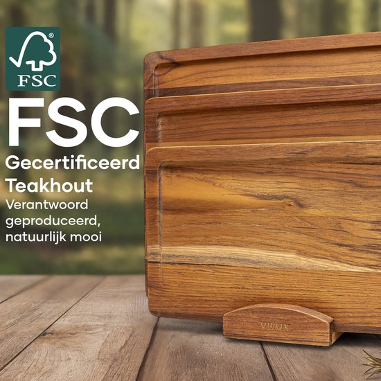 Villux Schneidebrett – Schneidebrett-Set mit Halterung – Schneidebrett aus Holz – Schneidebretter – Schneidebrett aus Teakholz – Holz-Schneidebrett – Schneidebrett-Set – Tapas-Brett - Snackbrett – Servierbrett – Häppchenbrett – Inklusive E-Book – 3 Stück