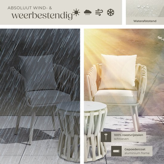 tectake® Gartenset Lugano – Gartenstuhl – Liegestuhl mit Beistelltisch – Gartenstuhl im Seil-Design mit Aluminiumgestell – Garten-Sessel mit dicken Kissen – Lounge-Set für Garten oder Balkon - Terrassenstuhl – UV- und witterungsbeständig – Beige