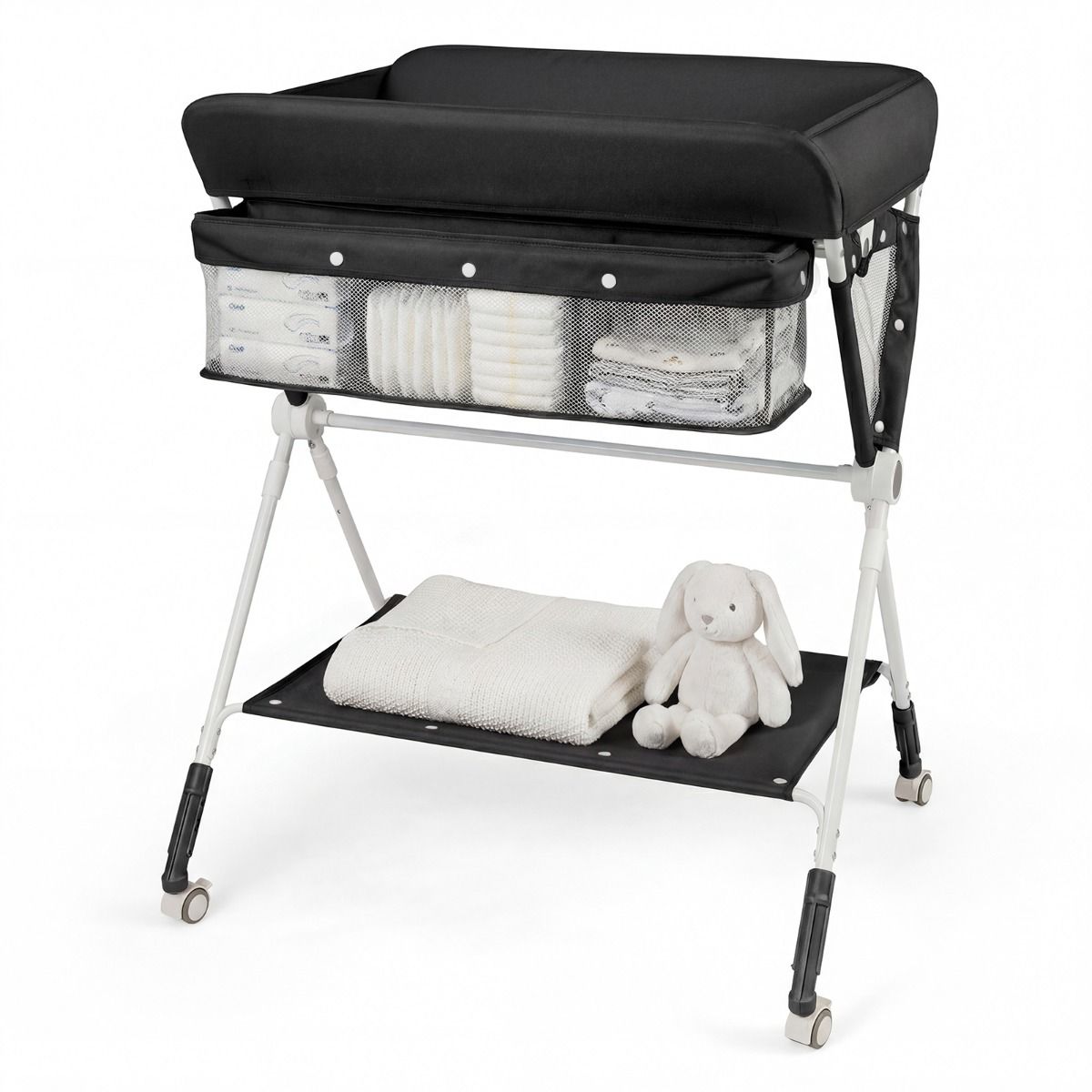 Coast Klappbarer Wickeltisch – 3-fach höhenverstellbar – Mit Stauraum und Rollen – 81 x 66,5 x 95–101 cm