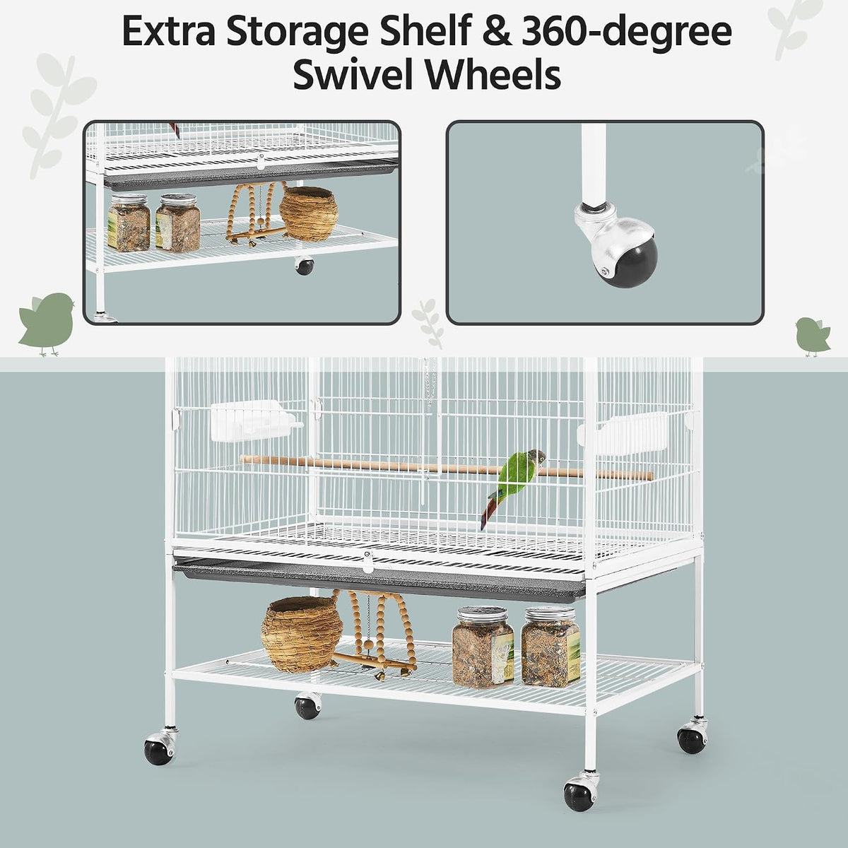 Yaheetech Vogelkäfig mit Ständer – 79 × 51,8 × 132 cm – Weiß – Sittichkäfig mit Rollen, 3 Sitzstangen aus Holz und 4 Futternäpfen