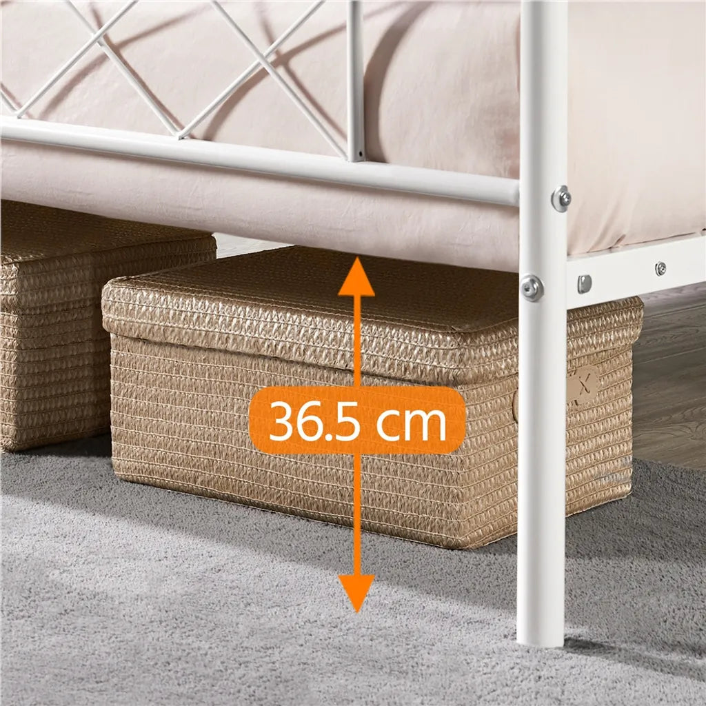 Yaheetech Bettrahmen 90 × 190 cm - Weißes Metall - Einzelbett mit X-Design Kopfteil, Lattenrost und 32,5 cm Stauraum