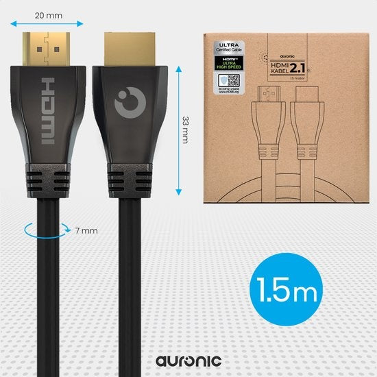 Auronic HDMI Ultra High Speed 2.1 Kabel - Ethernet - Stecker zu Stecker Kabel - Schwarz - 1,5 Meter