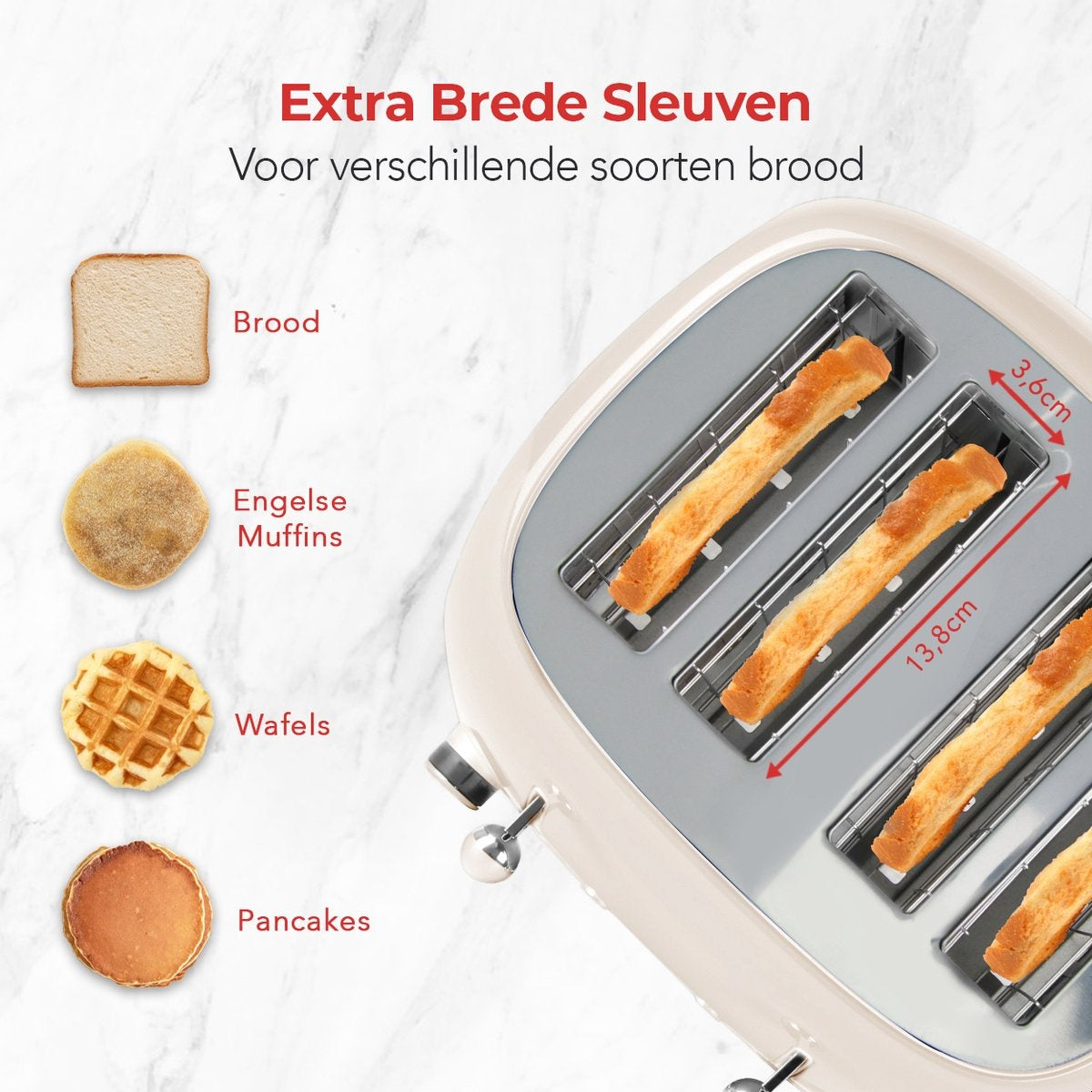 KitchenBrothers Retro Toaster - Toaster - 6 Heizstufen - 4 extra breite Schlitze - 1630W - Beige