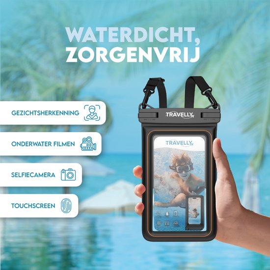 Travelly® Luxe Waterproof Phone Case - Universelle Unterwassertasche für Smartphone - Geeignet für alle Handys - Drybag - Für Urlaub, Schwimmen & Wassersport - Schwarz