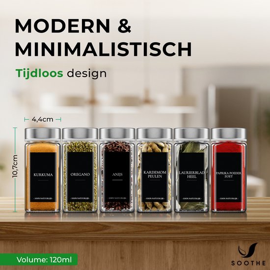 Soothe 24 Glasgewürzdosen quadratisch mit Edelstahldeckel - 2 Arten von Streudeckeln - Gewürzstreuer - Gewürzdosen - Komplettset inkl. Gewürzsticker, Kreidestift und Zubehör - 120ml