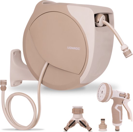 VONROC Automatischer Gartenschlauchaufroller – Gartenschlauchbox zur Wandmontage – inkl. 30 m Premium-Gartenschlauch, Spritzpistole mit 8 Sprühstufen und Anschlüssen – beige