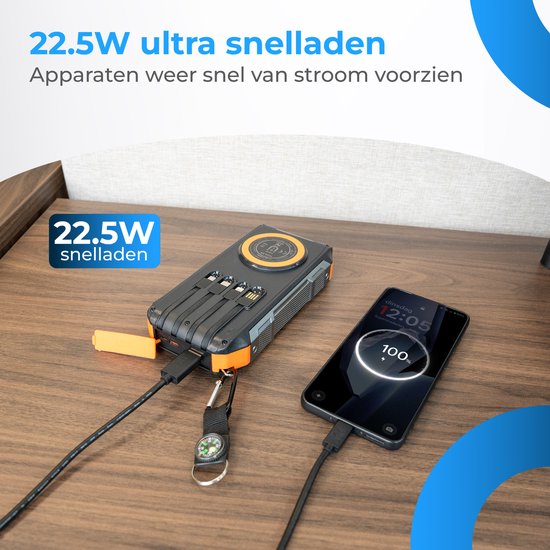 Nuvance Solar-Powerbank 20.000 mAh – 22,5-W-Schnellladegerät – USB-C & USB-A – 4 integrierte Kabel – kabellose Powerbank 15 W – Notfallpaket – Solar-Powerbank