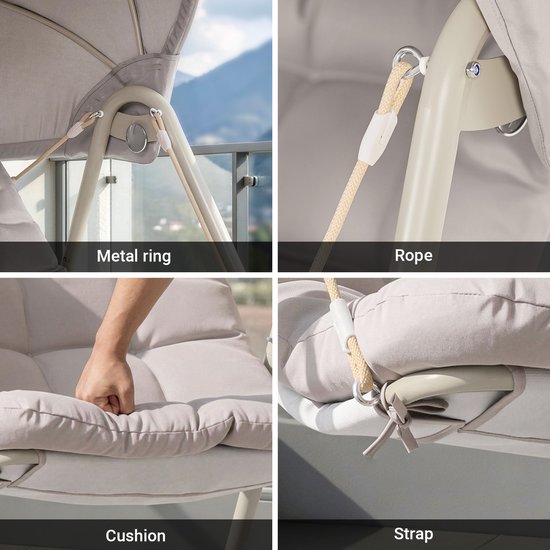 SoBuy OGS62-MI Schaukelstuhl mit verstellbarem Sonnenschirm – Für drinnen und draußen – Hängematte und Gartenstuhl für den Außenbereich – beige, 108 x 126 x 163 cm