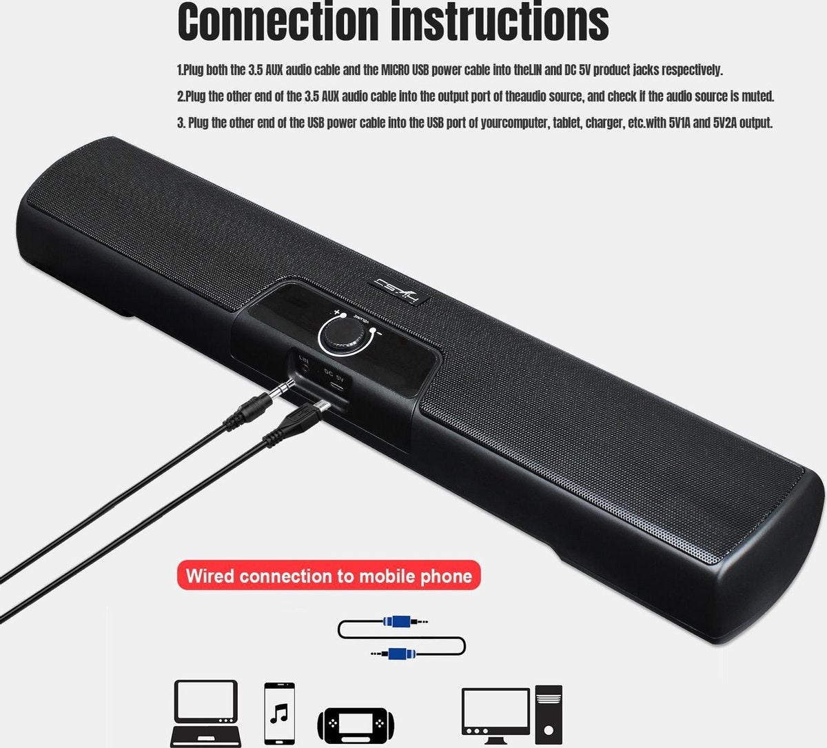 HXSJ Q3 Soundbar PC-Lautsprecher - USB - für Desktop-Computer / Notebooks / Smart-TVs / Projektorgeräte - Schwarz