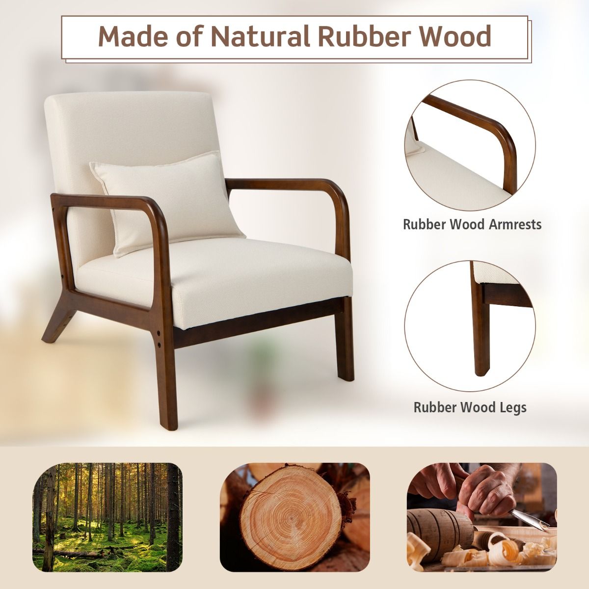 Coast Sessel Lounge Chair gepolstert mit Armlehnen, Rubberwood, Beige, 65 x 79 x 77 cm