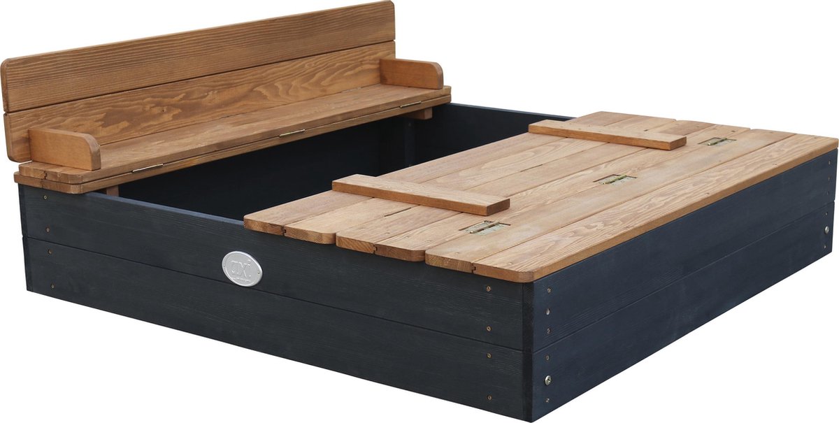 AXI Ella Sandkasten aus Holz 100 x 95 x 20 cm – Anthrazit/Braun – Mit Deckel und 2 Sitzbänken – FSC-zertifiziertes Hemlock-Holz