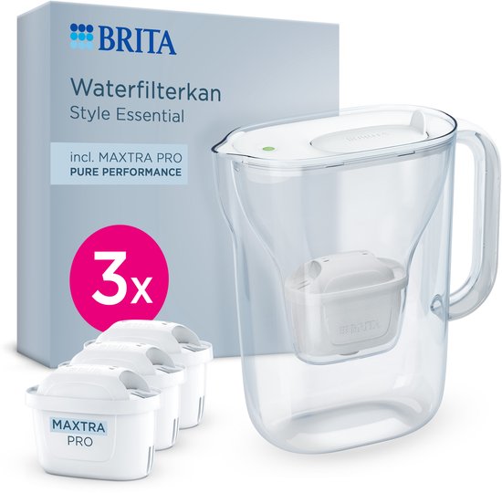 BRITA Wasserfilterkanne Style Essential Cool – 2,4 l – Weiß – inkl. 3 MAXTRA PRO Pure Performance Wasserfilterkartuschen – passt in den Kühlschrank, mit Smart LED Light und Klappdeckel