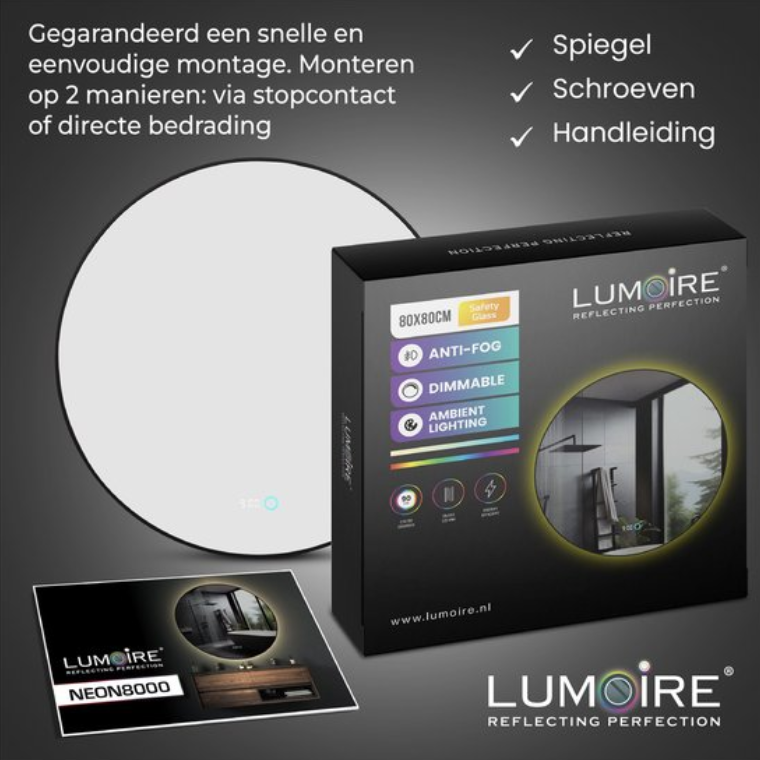Lumoire Neon 8000 Spiegel mit Beleuchtung – schwarzer Rand – Ø 80 cm – rund, beschlagfrei, Uhr