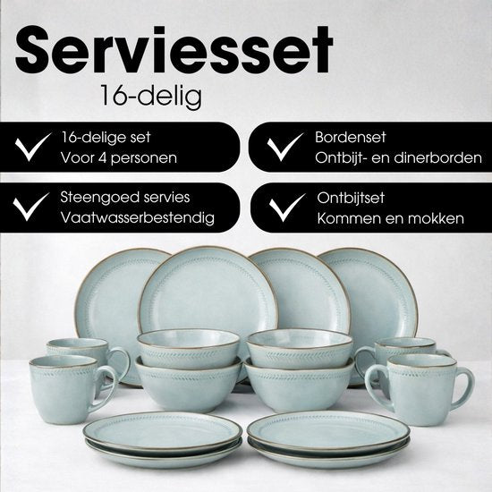 Mica Decorations Racco Geschirrset, 16-teilig – für 4 Personen – Frühstücksteller, Schalen und Tassen sowie Essteller – Steingut-Geschirr – spülmaschinenfestes Geschirrset – hellgrau