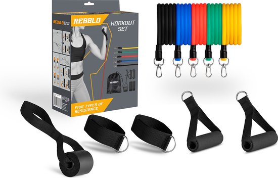 Rebblo – Heimtrainingsset – 10-teilig – Widerstandsbänder – Fußschlaufen – Griffe – Türanker – Fitnessset inkl. Aufbewahrungstasche – 2/3/4/5/6 kg
