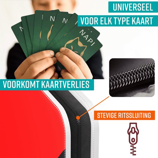 NAPI Toploader Pro-Ordner für 288 Karten – Premium-Sammelordner mit Toploadern und Reißverschluss – Sammelkartenordner – 9 Fächer – Kunstleder – Rot/Weiß