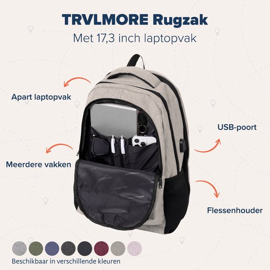 TRVLMORE Rucksack mit Lifetime - Rucksack mit 17-Zoll-Laptop-Fach - Schultasche - spritzwassergeschützt - Männer und Frauen - Jungen und Mädchen - 36L - Champagner