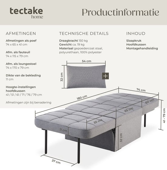 tectake 4-in-1 Komfortabler Schlafsessel mit Schlaffunktion - Sofa, Sessel oder Liege - In 6 Positionen klappbar - Modulares Schlafsofa oder Lesesessel - Für Schlafzimmer, Jugendzimmer oder Wohnzimmer