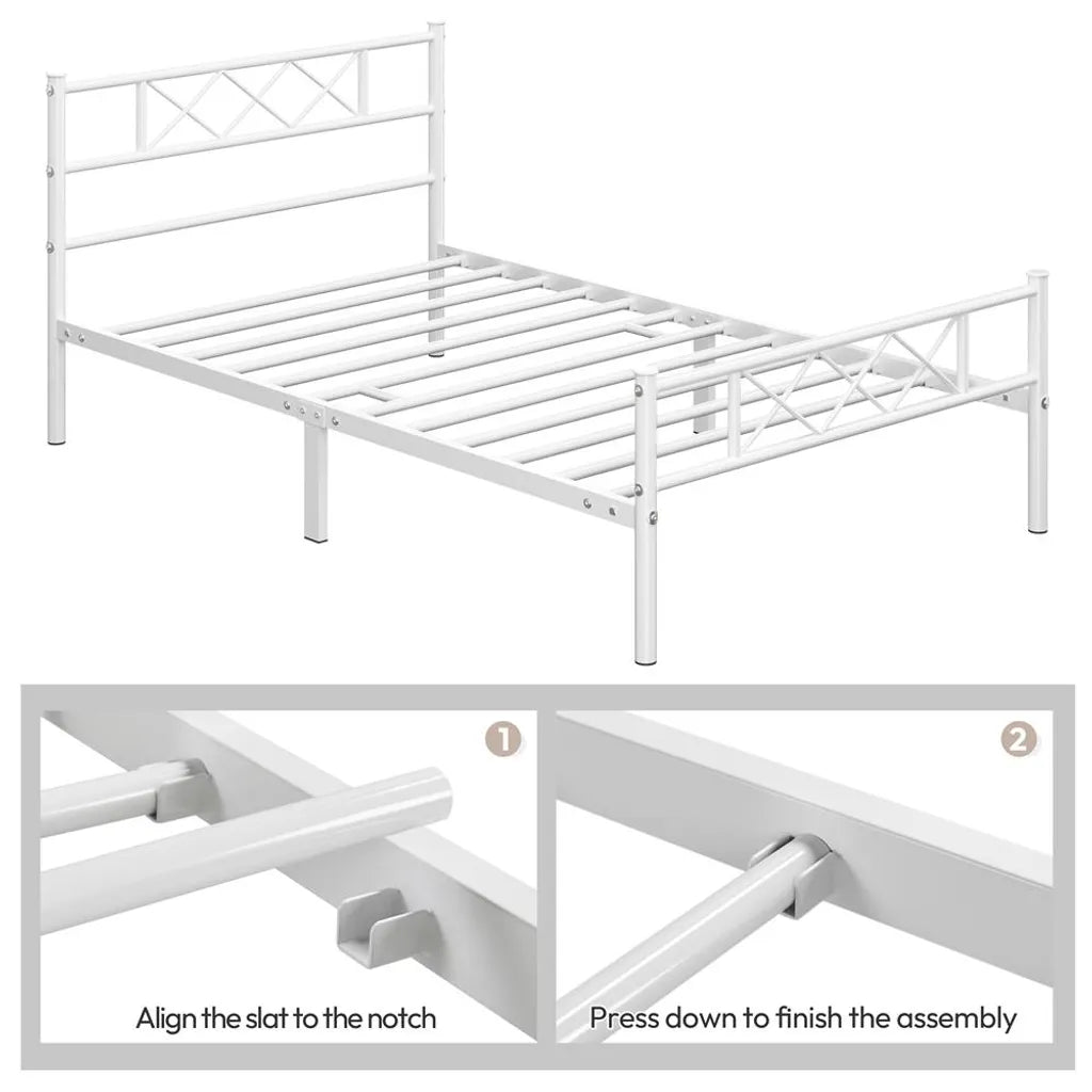 Yaheetech Bettrahmen 90 × 200 cm - Weißes Metall - Einzelbett mit X-Design Kopfteil, Lattenrost und 32 cm Stauraum