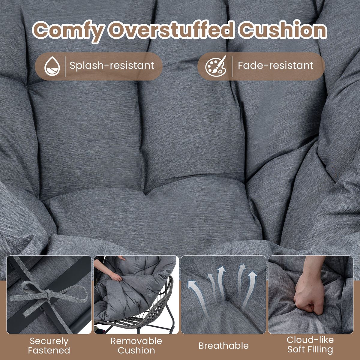 Coast Schaukelstuhl mit Fußhocker – ergonomisches Design – PE-Rattan und Metallgestell – schwarz/grau/beige