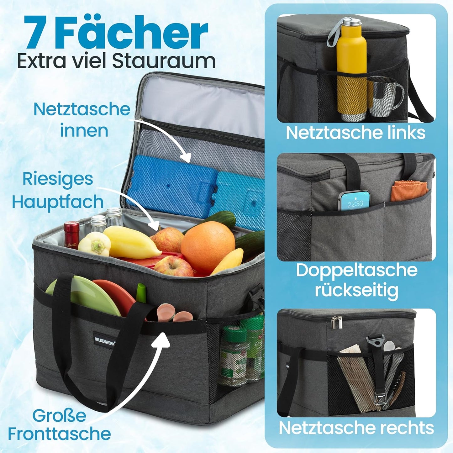 Heroic Kühltasche - 30L - 12 Stunden - 7 Fächer - Grau