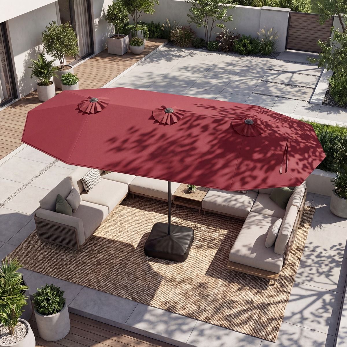 Coast Doppel-Terrassenschirm – extra großes Tuch – beschwerter Fuß – Weinrot 400 x 212 cm