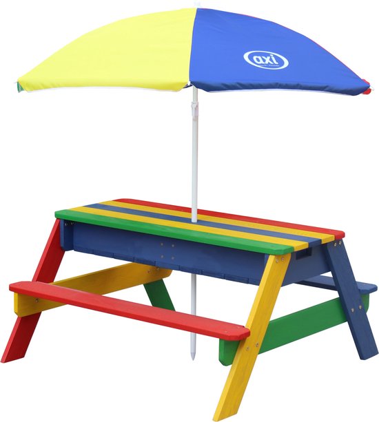 AXI Nick Zand & Water Picknicktisch in Regenbogenfarben – Verstellbarer Sonnenschirm – FSC-zertifiziertes Holz – Picknicktisch aus Holz für Kinder