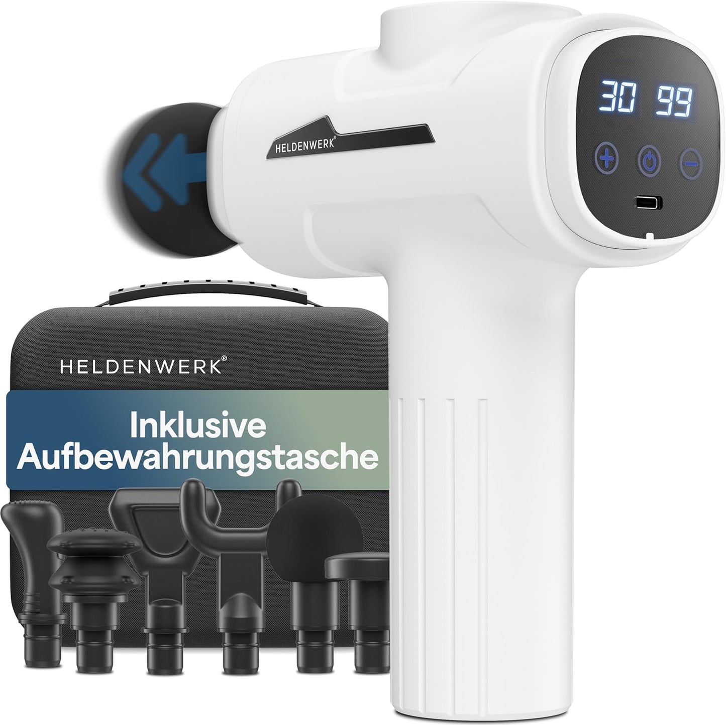 HELDENWERK Aktiv-Massagepistole - 30 Geschwindigkeiten - 6 Massageköpfe - flüsterleise - USB-C wiederaufladbar - LCD-Touchscreen - inklusive Aufbewahrungskoffer - weiß