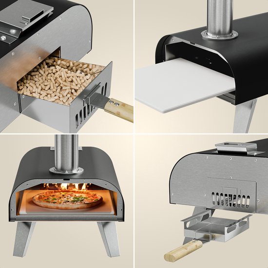 KitchenBrothers Pizzaofen - Holzbefeuert - Tischmodell - Zusammenklappbar - PFAS-frei - Pizzastein - bis zu 460°C - Pizzabäcker - Komplettset - Pizzaofen für draußen - Schwarz/RVS