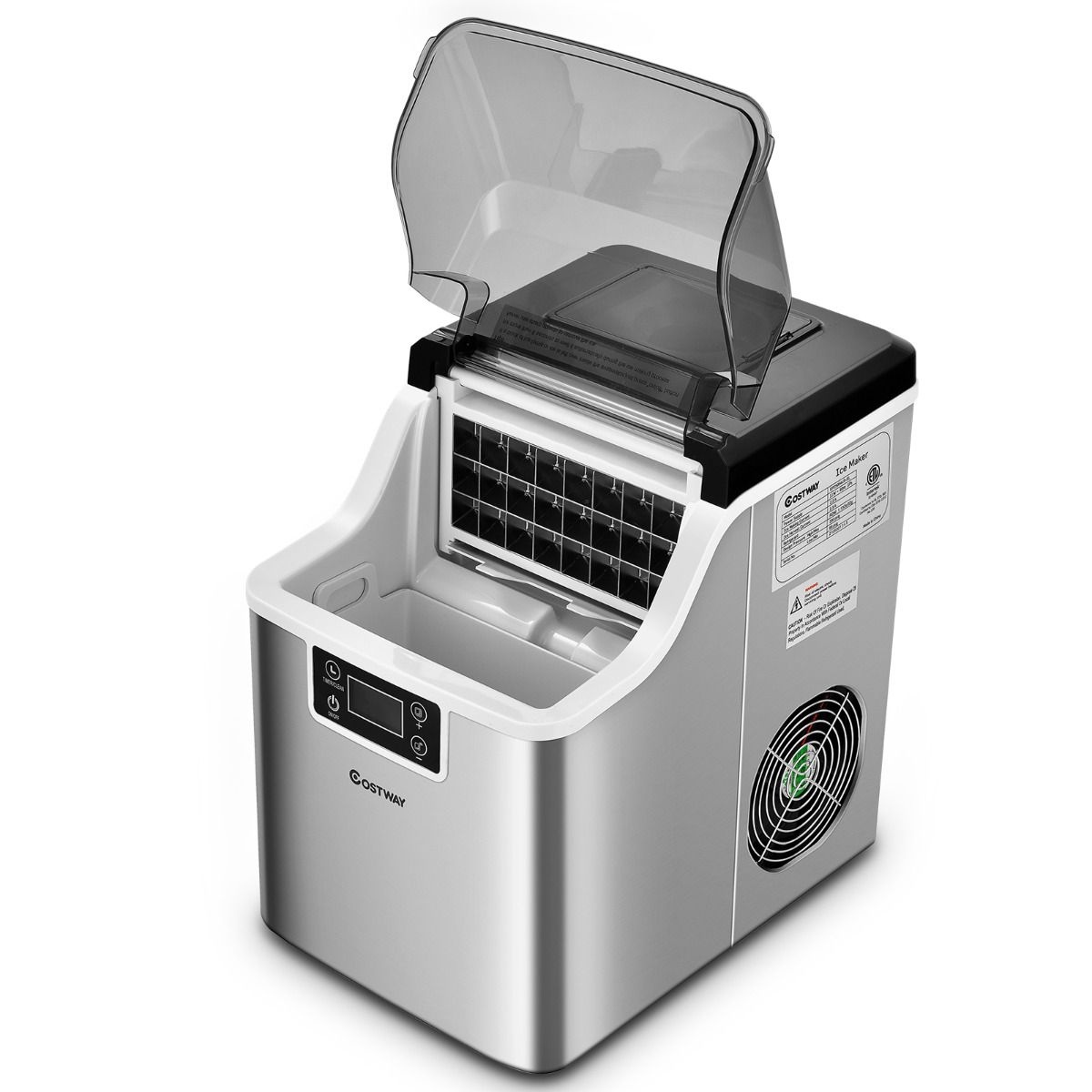 Coast Theken-Eisbereiter - 26x36x38 cm - Silber - Elektrischer Eisbereiter mit Selbstreinigung, 18KG/24h, 24 quadratische Eiswürfel pro 15 min