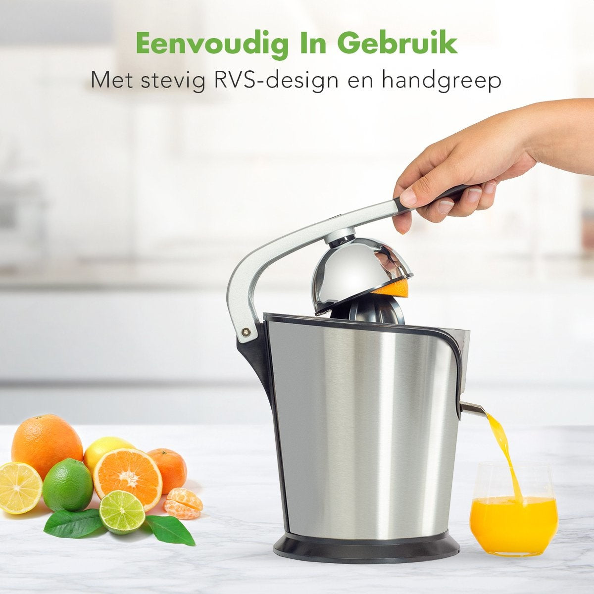 KitchenBrothers Elektrische Zitruspresse - Orangen- und Zitronenpresse - 160W - Edelstahl - Schwarz