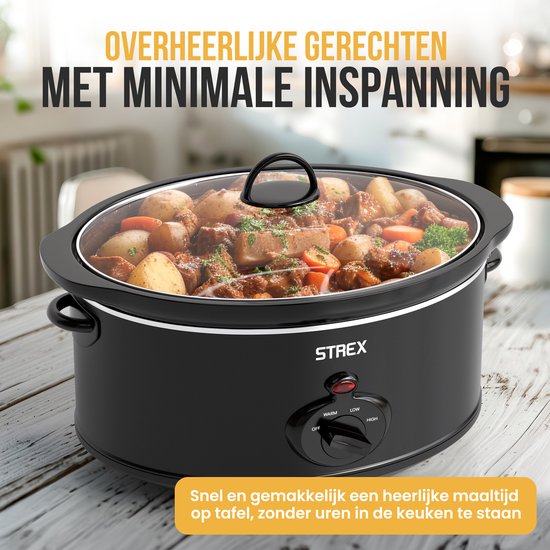 Strex Slowcooker 6.5L - Herausnehmbarer Keramik-Innenbehälter - Warmhaltefunktion - Slow Cooker - Schwarz