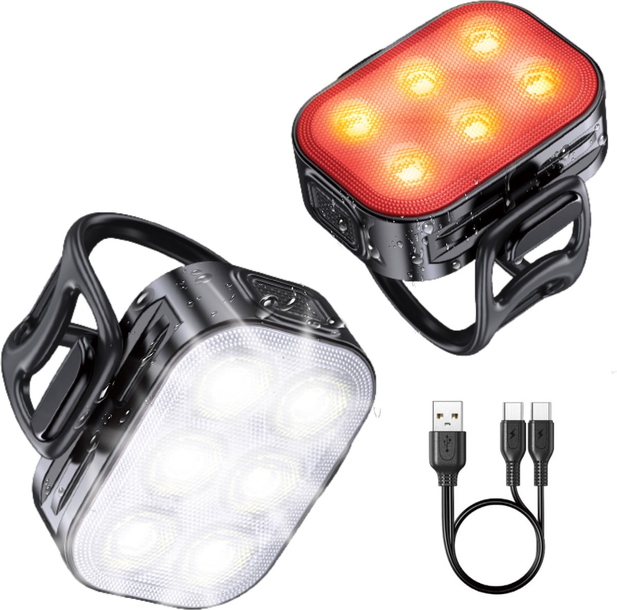 Inlustro LED-Fahrradlicht-Set - Vorder- und Rücklicht - USB aufladbar - wasserdicht - 7,5 x 3,2 cm - Schwarz
