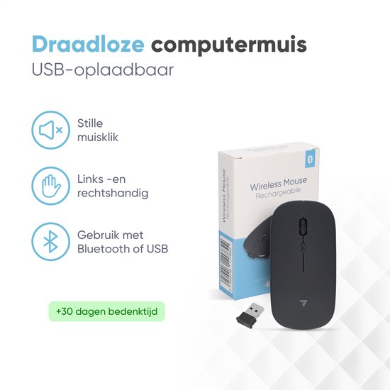 Trendfield Wireless Mouse - Wiederaufladbare Computermaus - Bluetooth - Ergonomische Maus mit Silent Click - Geeignet für alle Laptops - Schwarz