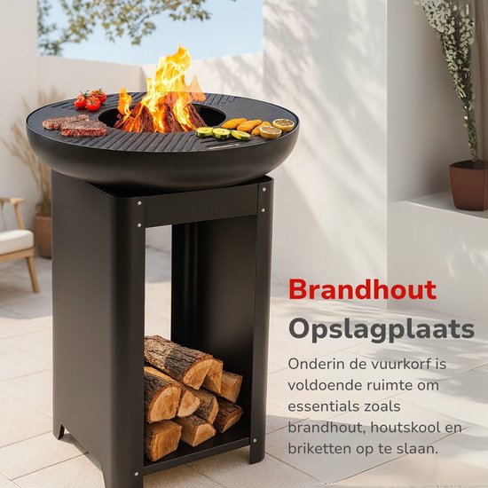 Alpina 3-in-1-Feuerkorb und Grillplatte – Gartenkamin 61 x 90 cm – mit Teppanyaki-Grillplatte – Plancha-Grill mit Holzlager – Feuerkorb für den Außenbereich – Metall