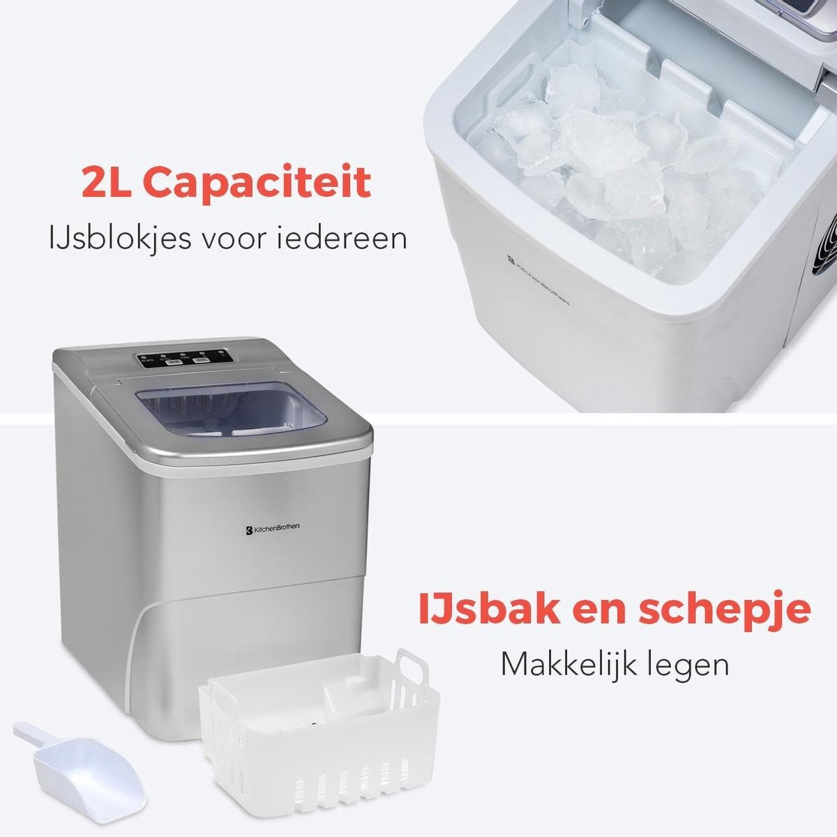 KitchenBrothers - Eiswürfelmaschine - 2 Liter - 6-8 Min. - 12kg/24h - mit Eisportionierer - Silber