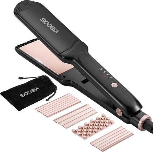 Soosia 5-in-1 Switch Styler - Glätteisen, Waffeleisen, Welleneisen & Lockenstab - 3,5cm Keramikplatten - Roségold