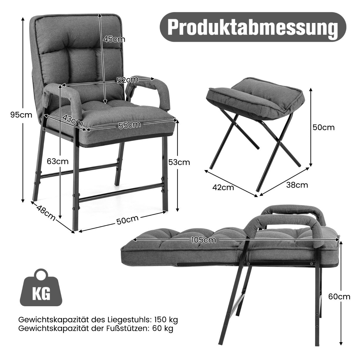 Coast AkzentStuHl + Ottomane aus Leinenstoff mit verstellbarer Rückenlehne und Metallgestell grau