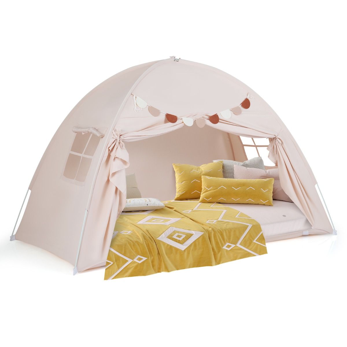 Coast Kinderzelt für zwei Personen – Zusammenklappbares Baldachinzelt – Mit Fenstern und Fahnenbanner – 201 x 100 x 122 cm – Beige