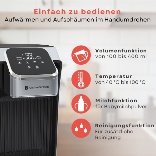 KitchenBrothers - Heißwasserspender - Touch Display - Milchfunktion - 2.7L - 2600W - Edelstahl/Schwarz