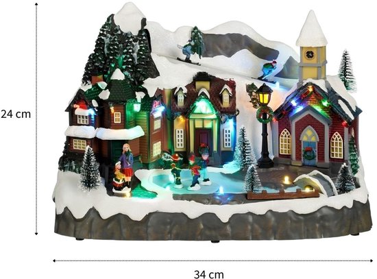 Luville Weihnachtsdorf – Miniatur-Dorfplatz – Weihnachtsdekoration mit Schlittschuh laufenden Bewohnern – Weihnachtsdekoration mit LED-Beleuchtung und sich drehenden Figuren – L 34 x B 18 x H 24 cm – Weiß
