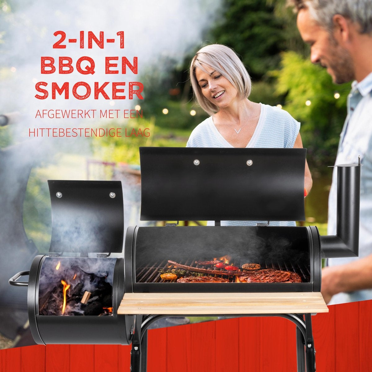 BBQ Collection Holzkohlegrill - 2-in-1 Smoker BBQ - 104 x 58 x 114 cm - Schwarz
