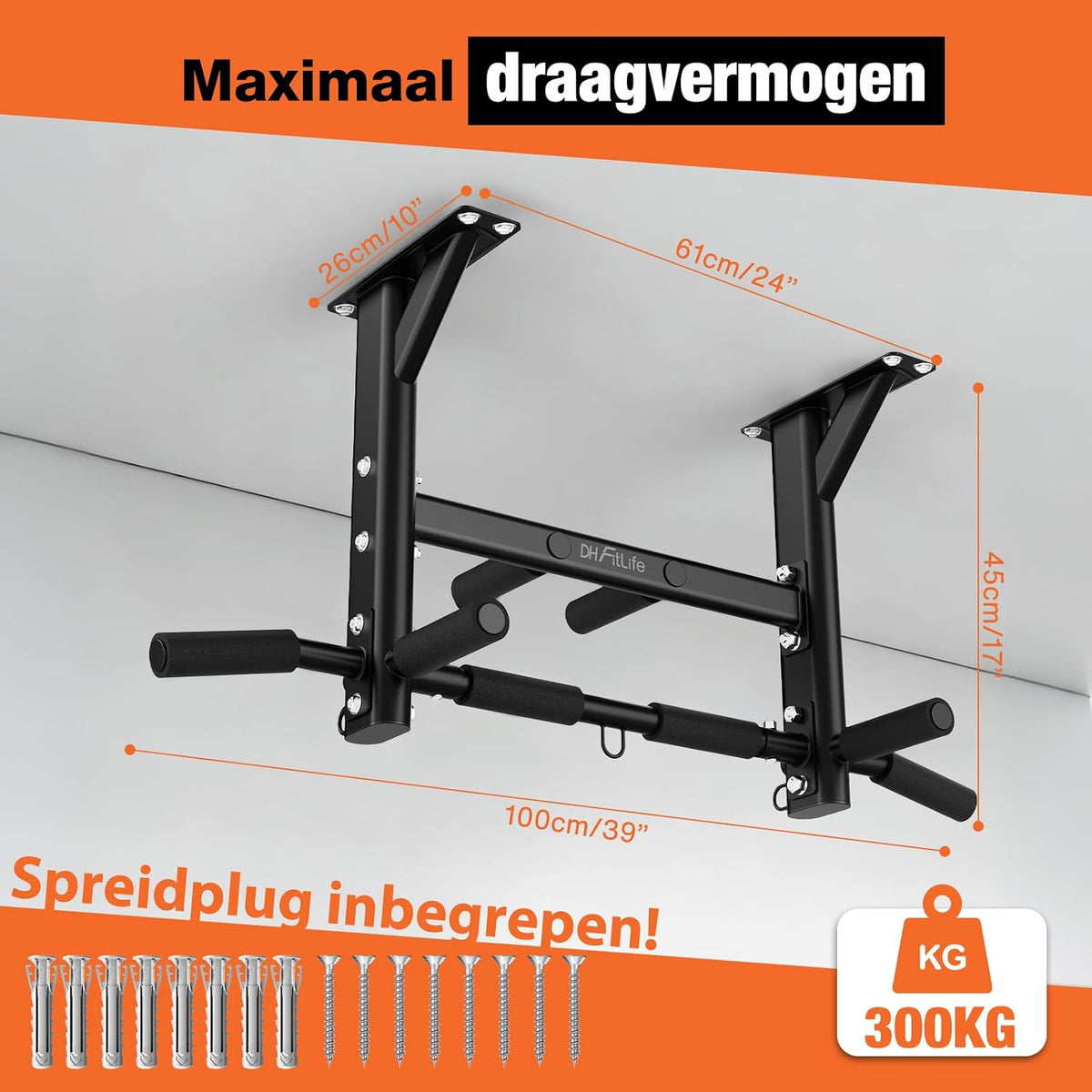 DH FitLife Decken-Klimmzugstange 4-in-1 – 8 Griffe – bis zu 300 kg – 44,5 x 25,5 cm – Schwarz