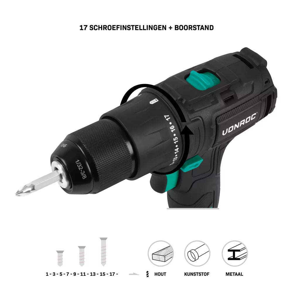 VONROC PRO Akkubohrmaschine 20V - 40 Nm - Bürstenloser Motor - 17 Schraubmodi + Bohrmodus - Inkl. 2 Bits - Ohne Akku und Schnellladegerät