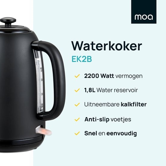 MOA Wasserkocher 1,8 Liter - Modern - Elektrisch - Schwarz - EK2B