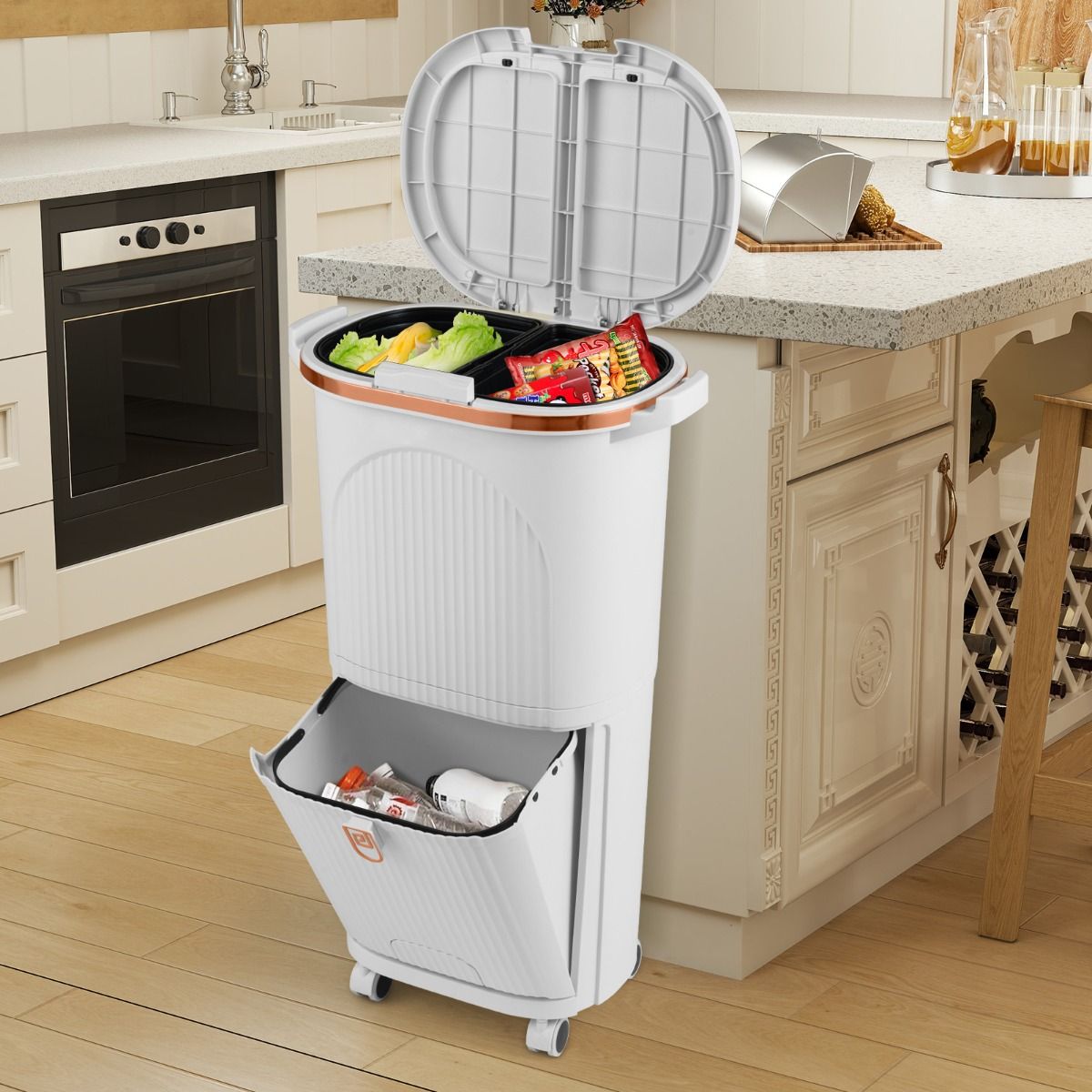 Coast Abfallbehälter 38 Liter mit Deckel – Zweistufiges Abfalltrennsystem – Pedal und Rollen – Weiß – 43 x 29 x 74,5 cm